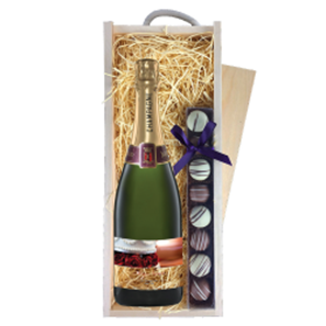 Buy Personalised Champagne - Wedding Cake Label & Truffles, Wooden Box