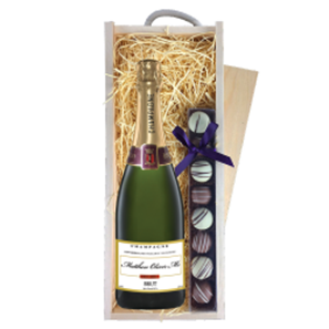 Buy Personalised Champagne - White Gold Label & Truffles, Wooden Box