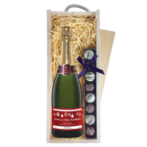 Buy Personalised Champagne - Xmas 2 Label & Truffles, Wooden Box