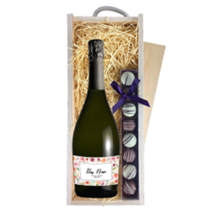 Buy Personalised Prosecco - Art Border Label & Truffles, Wooden Box