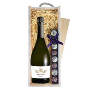 Buy Personalised Prosecco - Gold Ornate Label & Truffles, Wooden Box