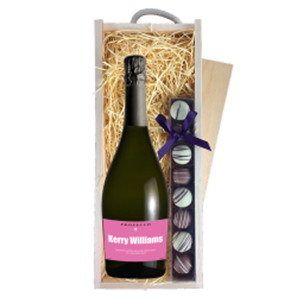 Buy Personalised Prosecco - Pink Label & Truffles, Wooden Box