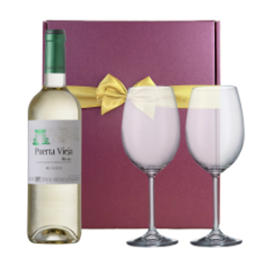 Buy Puerta Vieja Rioja Blanco 75cl White Wine And Bohemia Glasses In A Gift Box