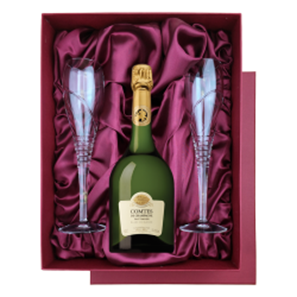 Buy Taittinger Comtes de Grand Crus Champagne 2011 75cl in Burgundy Presentation Set With Flutes