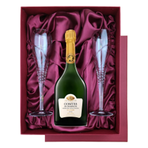 Buy Taittinger Comtes de Grand Crus Champagne 2013 75cl in Burgundy Presentation Set With Flutes