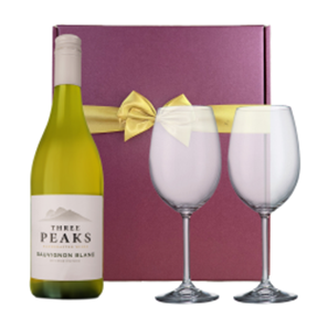 Buy Three Peaks Sauvignon Blanc 75cl White Wine & Wine Glasses Gift Box