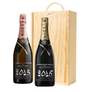Buy Pine Wooden Boxed Duo Moet And Chandon Vintage Brut and Vintage Rose Gift (2x75cl)