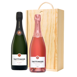 Buy Wooden Box Champagne Duo of Taittinger Brut and Rose Gift Sets (2x75cl)